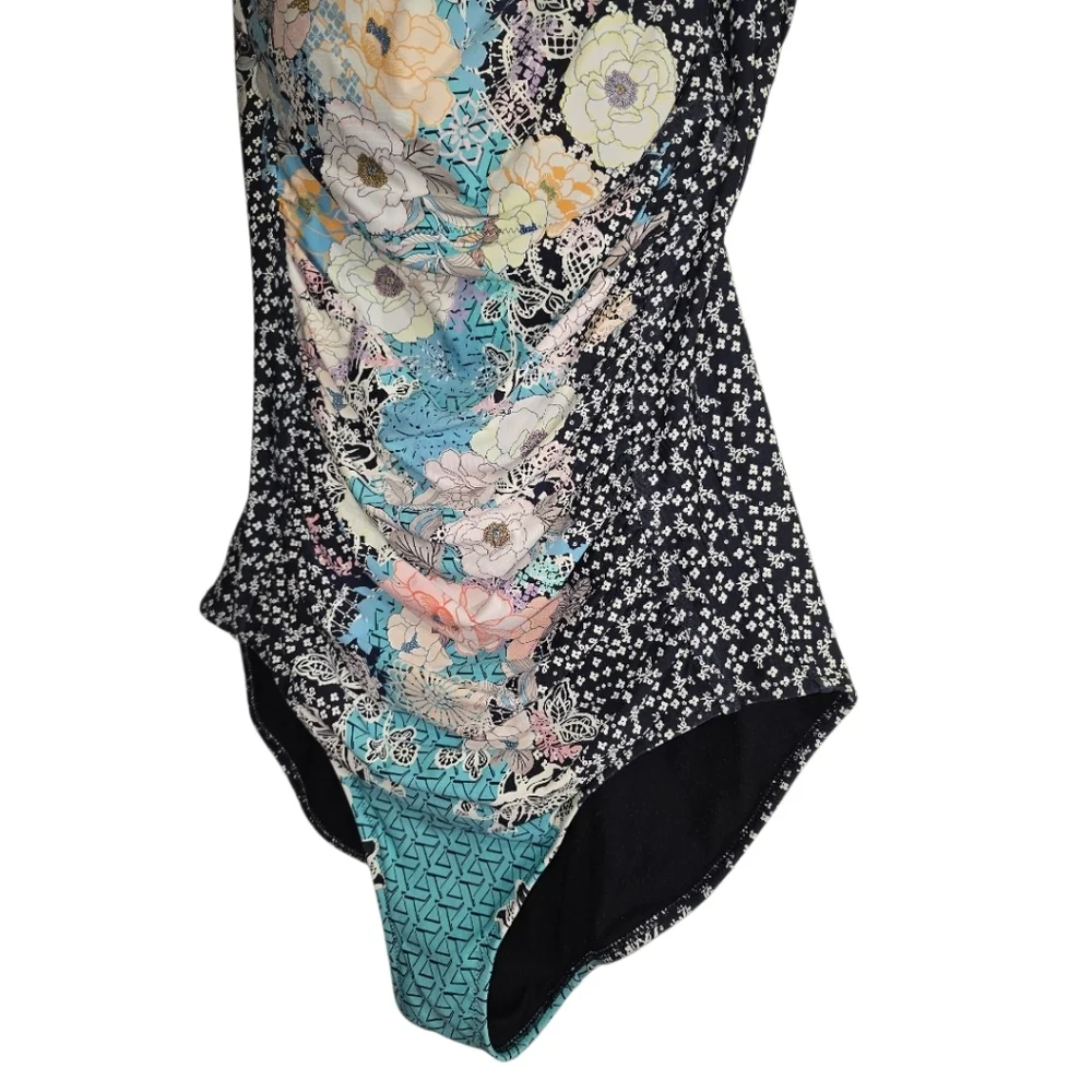 Johnny Was Mila Moody Floral Ruched One-Piece Swimsuit 1X Flattering Square Neck - Picture 7 of 10